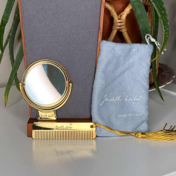 Judith Leiber Accessories - Judith Leiber Vintage Gold Tone Mirror & Comb Vanity Set Italy w/ Pouch